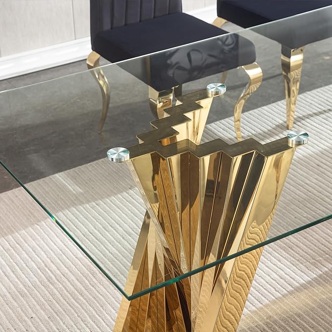 Goujxcy Modern 5 Piece Glass Dining Table Set Luxury Glass Kitchen Table and Chair Set for 4, 70" Large Rectangular Dining Room Table with 4 Tufted Chairs and Stainless Steel Legs (Gold & Grey)