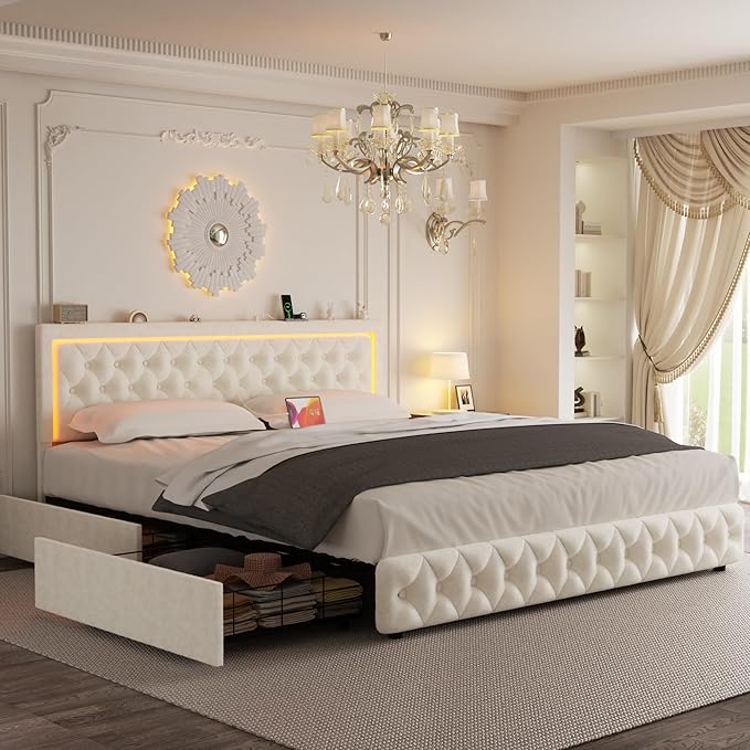 Full Bed Frame with 4 Storage Drawers, Velvet Upholstered Bed Frame Full Size with Charging Station and LED Lights, 46" Adjustable Button Tufted Headboard, No Box Spring Needed, Beige