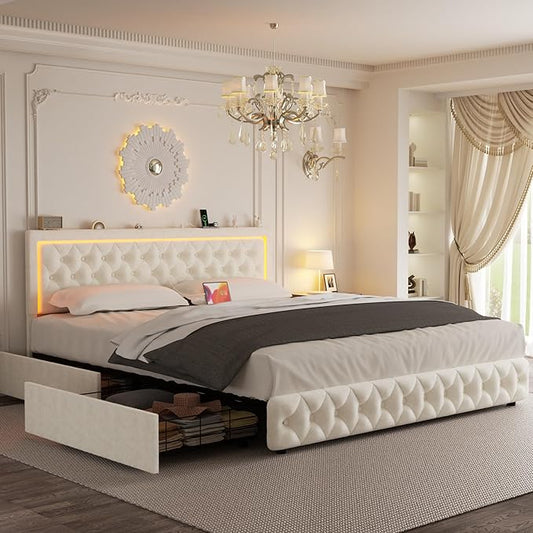 Full Bed Frame with 4 Storage Drawers, Velvet Upholstered Bed Frame Full Size with Charging Station and LED Lights, 46" Adjustable Button Tufted Headboard, No Box Spring Needed, Beige