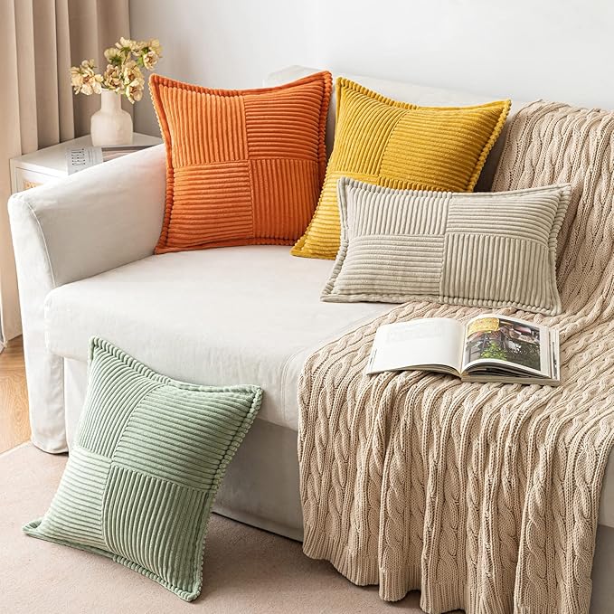 MIULEE Decorative Throw Pillow Covers for Couch Bed Livingroom 18x18 Inch Set of 2 Cream Boho Accent Throw Pllows Broadside Striped Patchwork Soft Corduroy Pillowcases