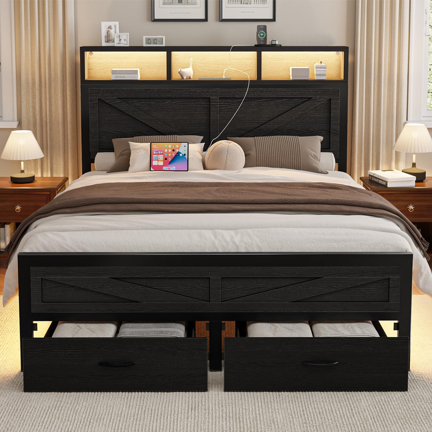 Rustic King Size Bed Frame with Storage Drawers, LED King Bed Frame with Barn Door Headboard and Charging Station, Metal Industrial Platform Bed Frames, No Box Spring Needed, Black