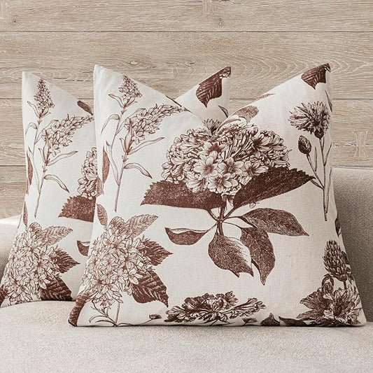 Foindtower Set of 2 Linen Floral Throw Pillow Covers Vintage Accent Print Decorative Cushion Covers Farmhouse Boho Home Decor for Sofa Chair Couch Bedroom Living Room Outdoor,22×22 Inch,Dark Brown