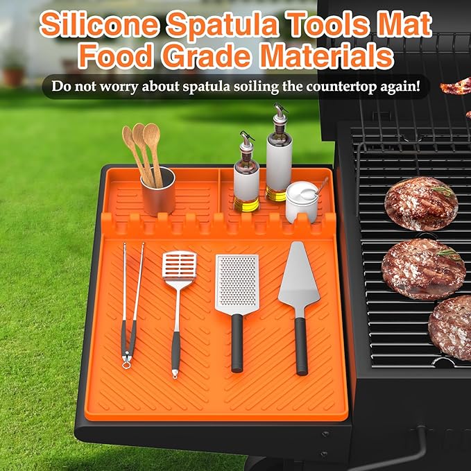 Silicone Griddle Tools Mat for Blackstone, Griddle Accessories Side Shelf Mat Grill Pad for Outdoor Grill Kitchen Counter Spatula Silicone Mat with Drip Pad (Orange)