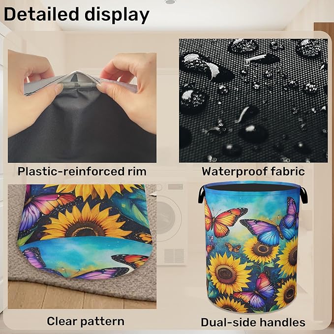Butterfly Sunflower Laundry Basket - Heavy Duty 60L Dirty Clothes Organizer, Water Resistant Foldable Hamper for Men Women