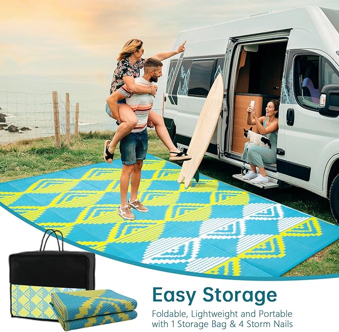 Beeiva Outdoor Rugs 8x10 Waterproof, Modern Geometric Reversible Plastic Straw Patio Mat, Large Foldable Outside Rug for Camping, Porch, Deck, Backyard, Balcony, Picnic - Blue & Yellow