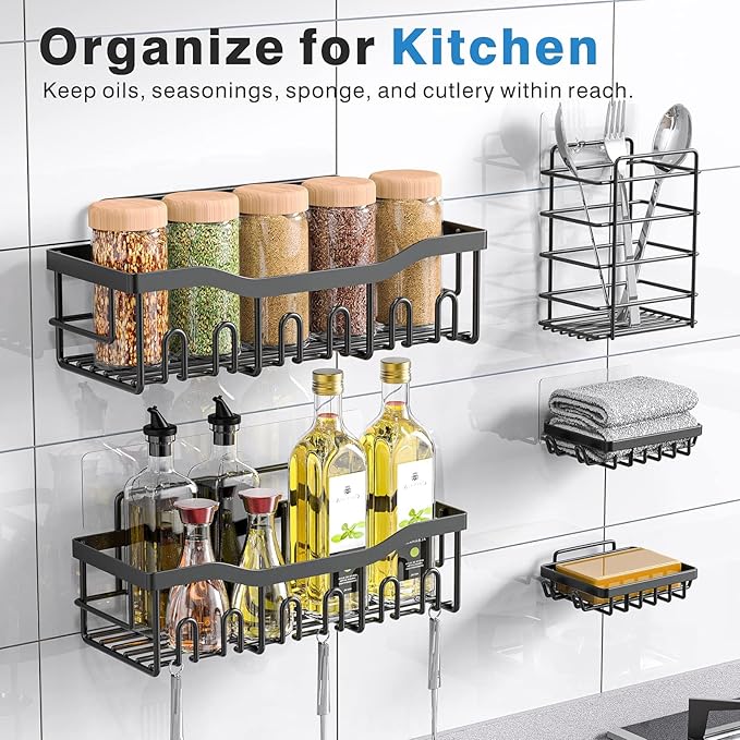Adhesive Shower Caddy, 5 Pack Rustproof Stainless Steel Bath Organizers With Large Capacity, No Drilling Shelves for Bathroom Storage & Home Decor-XL Size
