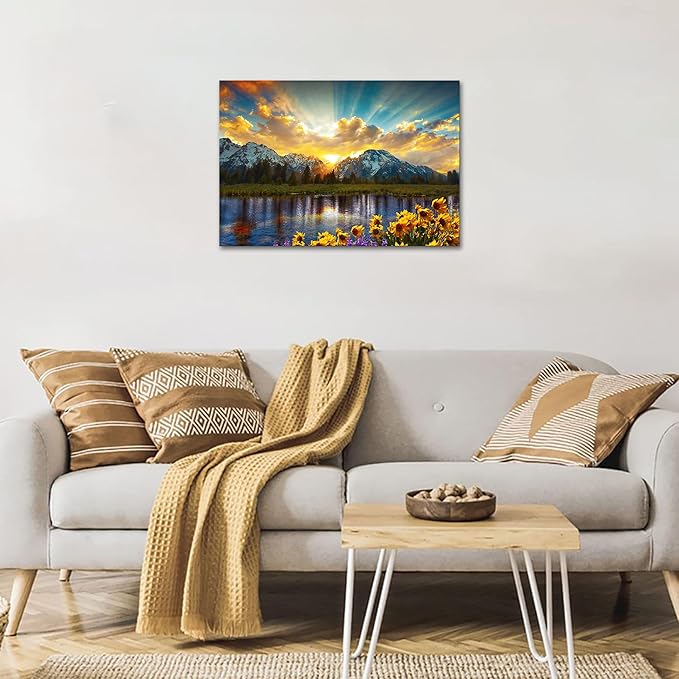 SKASNFAI Grand Teton National Park Wall Art Sunflower Landscape Canvas Mountain Artwork Landscape Print for Living Room Framed (16x24 inch)
