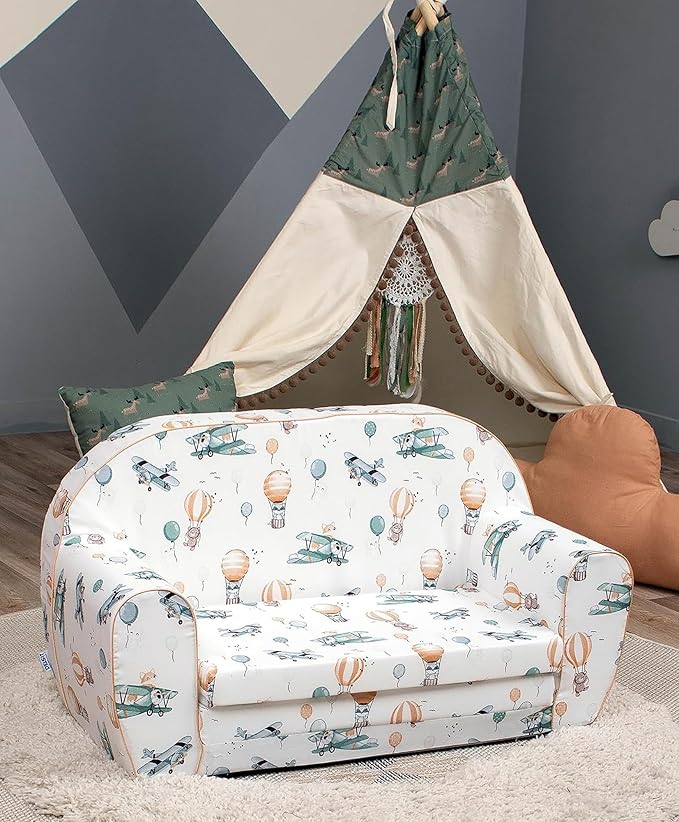 Delsit Kids 100% Cotton Loveseat Sofa, Hot Air Balloons, 30"W x 14"D x 17"H, Machine Washable