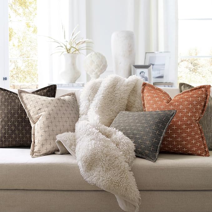 ZWJD Fall Pillow Covers 16x16 Set of 2 Soft Polyester Textured Rust Pillow Covers with Stylish Flange Edge Cozy Farmhouse Throw Pillows for Couch Bed Sofa Living Room Fall Decor
