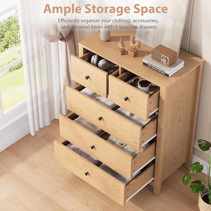 GarveeHome Natural Oak 5 Drawer Dresser for Bedroom, Modern Tall Dresser Organizer with Storage Drawers, Wooden Chests of Drawers for Bedroom, Entryway, Hallway, Home Office