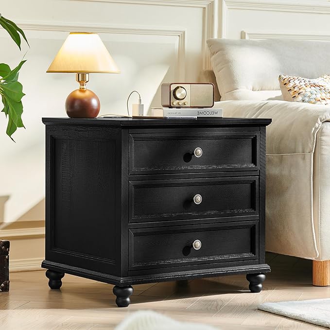 Farmhouse Nightstand with Charging Station, 24" Wide End Table with 3 Drawers,Black Wood Dresser for Bedroom, Bed Side Table Chest of Drawers Cabinet,Night Stand for Living Room, Closet