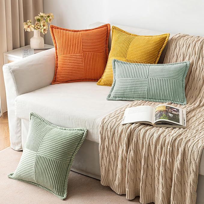 MIULEE Decorative Throw Pillow Covers for Couch Bed Livingroom 18x18 Inch Set of 2 Greyish Green Boho Accent Throw Pllows Broadside Striped Patchwork Soft Corduroy Summer Pillowcases