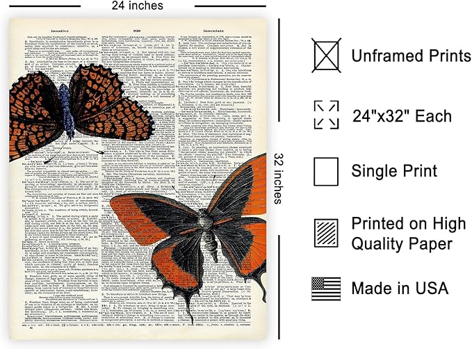 Poster Master Dictionary Art Poster - Butterflies Print - Moth Art - Butterfly Art - Insect Art - Gift for Men, Women & Animal Lover - Chic Decor for Living Room or Bedroom, 24x32 Unframed Wall Art
