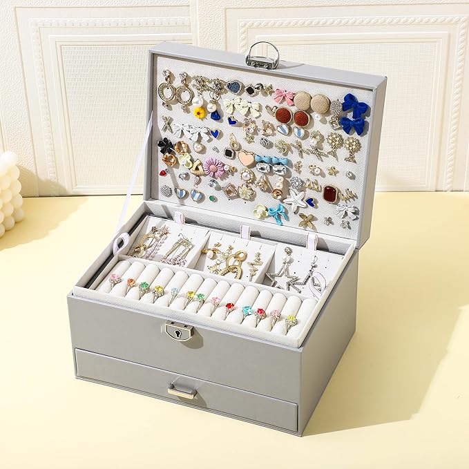 BOOVO Earring Jewelry Box For Women Girl Stud Organizer, 5 Layers Girl Jewelry Organizer Box With Lock Earring Holder Organizer Necklace Ring Jewelry Organizer Box For Girls (grey)