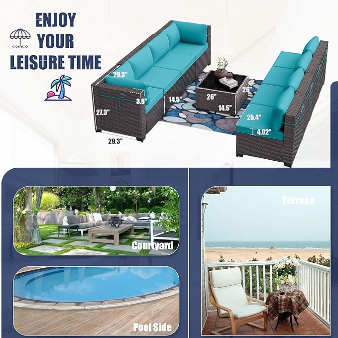 Kurapika 9 Pieces Patio Furniture Set, Rattan Wicker Outdoor Conversation Sets w/4 Inch Cushion and Glass Coffee Table(Blue)