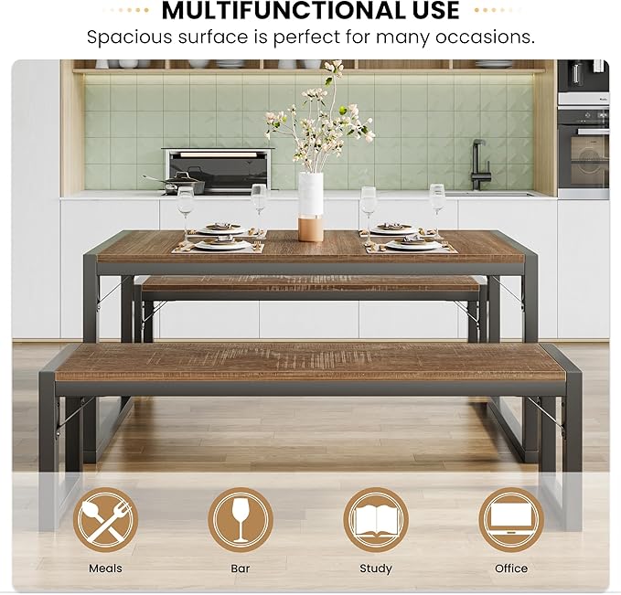 SHA CERLIN Kitchen Dining Table Set for 4 with Benches, Rustic Small Space Saving Dinette, Heavy Duty Metal Frame