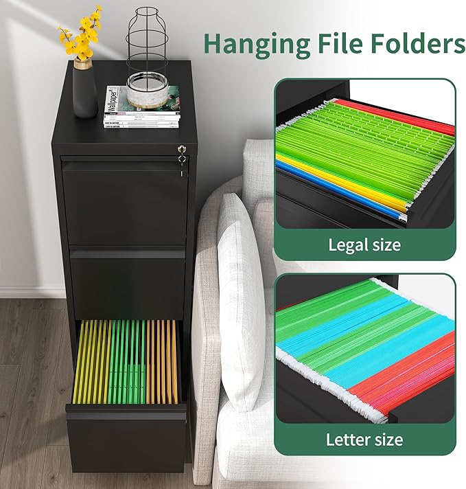 File Cabinet, Vertical File Cabinets with Lock for Home Office,Heavy Duty Office Steel Filing Cabinet for Hanging Letters/Legal/A4, Assembly Required (Black, 3 Drawers)