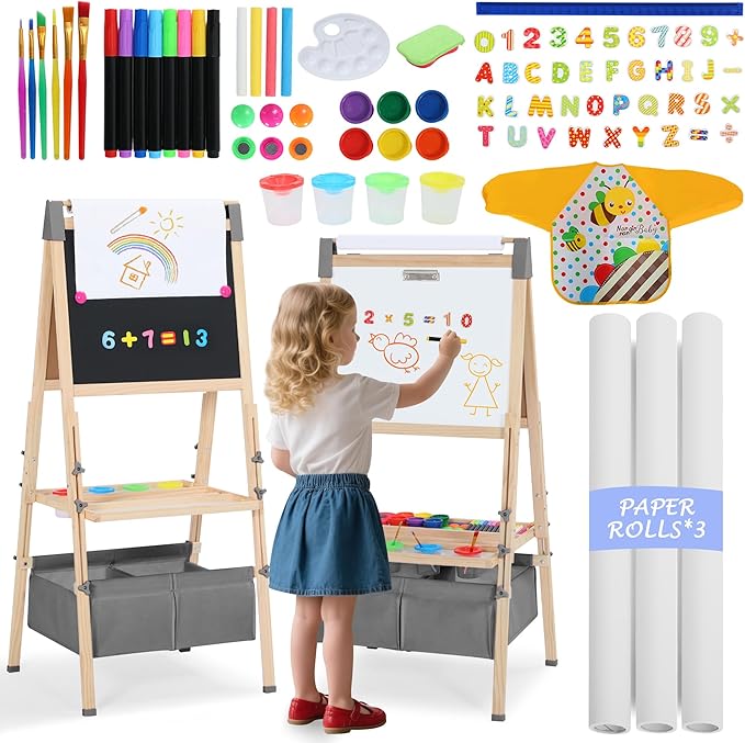 Kinder King 3 in 1 Wooden Kids Easel, Adjustable Double-Sided Art Easel for Kids, Magnetic Whiteboard & Chalkboard, Paper Roller, Art Supplies, Painting Drawing Easel Toddler Gift Ages 3+, Grey