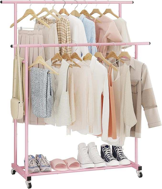 Calmootey Double Rod Clothing Garment Rack,Rolling Hanging Clothes Rack,Portable Clothes Organizer for Bedroom,Living Room,Clothing Store,Pink