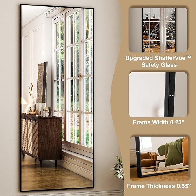 HARRITPURE 65"x22" Full Length Mirror Aluminum Frame Wall Mirror Floor Rectangle Mirrors Standing Wall & Leaning Large Dressing Mirror for Living Room Bedroom Cloakroom,Black