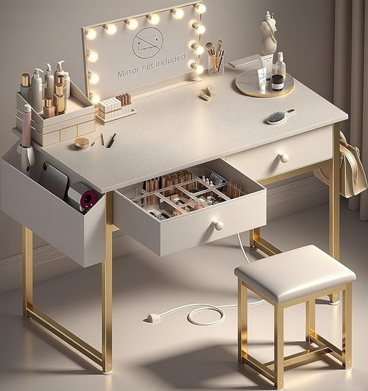 Makeup Vanity Desk No Mirror with Chair for Girls, White Small Vanity Table Set with Fabric Drawers, Power Outlet Without Mirror, Modern Make Up Desk for Bedroom