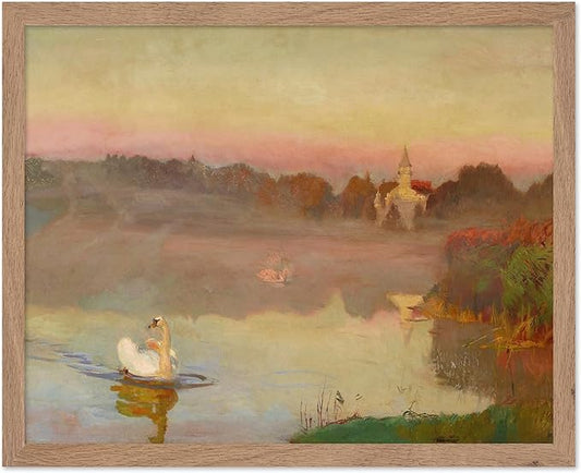 Poster Master Vintage Pond in Radziejowice Poster - Retro Swan Print - Lake Art - Landscape Art - Farmhouse Art - Animal Lover Art - Aesthetic Living Room or Office Decor, 8x10 Beige Framed