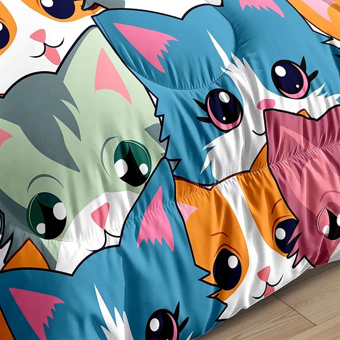 Neon Cats Bedding Set for Girls-Full Size Cartoon Comforter Girls Room Black Pattern Full Soft Breathable with 2 Pillowcases All-Season