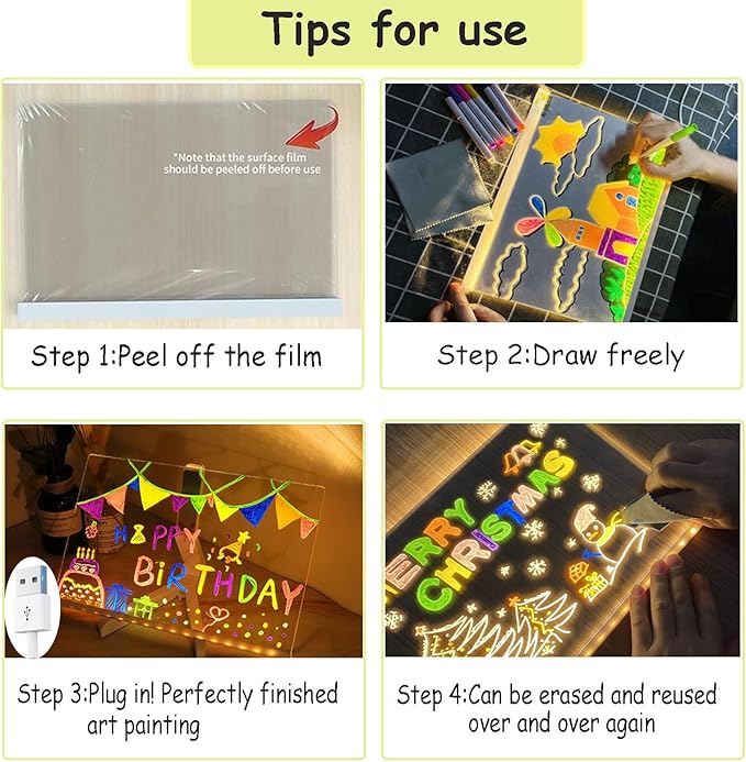 Led Note Board with Colors, Acrylic Dry Erase Board with Light, Light Up Dry Erase Board with Adjustable Stand with 7 Pens,for Office School Home, Kids Graffiti Board(11.8 x7.9in)