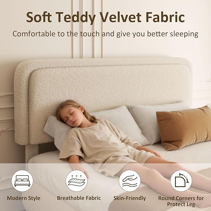 Full Bed Frame, Teddy Velvet Boucle Bed Frame with 43.3"/45.3" Adjustable Upholstered Headboard, Rounded Corners, Mattress Foundation, No Box Spring Required, Beige