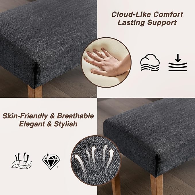 Farmhouse Upholstered Dining Bench Seat, 45" Linen Entryway Bench with Natural Wood Legs, Mid Century Modern End of Bed Bench for Kitchen Bedroom Living Room Hallway, for 2-3 Person, Charcoal