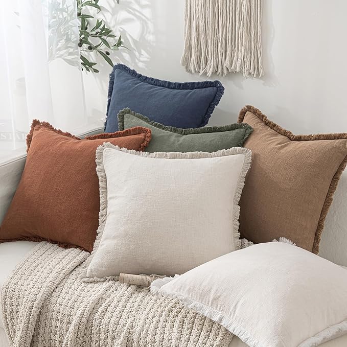 MIULEE Decorative Throw Pillow Covers Neutral Linen Fringe Throw Pillows Set of 2 Natural Beige Boho Farmhouse Cushion Covers with Tassels for Couch Sofa Bed Living Room Spring Home Decor 16x16 Inch