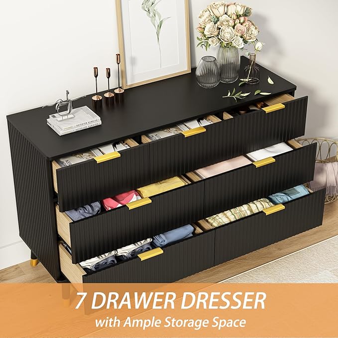 Black Dresser for Bedroom, Fluted 7 Drawer Dresser with Gold Metal Handles, Modern Wood Chest of Drawers for Living Room, Black