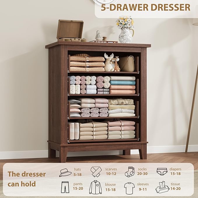 GarveeHome 4 Dresser for Bedroom, 34.8" Tall Vertical Drawer Dresser with Large Storage, Freestanding Wooden Closet Chest for Bedroom, Living Room, Walunt