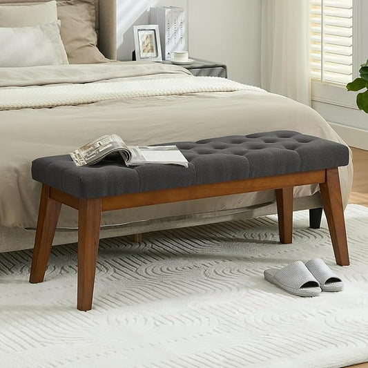 43.5'' Linen Bedroom Bench, Upholstered End of Bed Bench with Tufted Button, Padded Vintage Dining Bench, Entryway Bench with Solid Wood Legs, Kitchen, Living Room, Hallway, Dark Grey Tufted