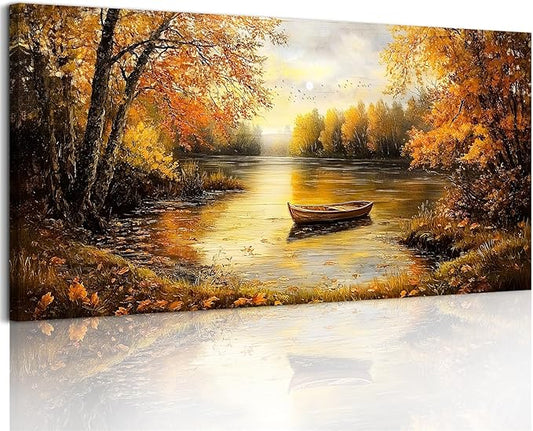 SERIMINO Fall Landscape Large Canvas Wall Art Living Room, Lake Boat Forest Art Prints, Autumn Scenery Nature Decor Pictures, Rustic Gold Paintings Wall Decor Bedroom, Office Decoration 20"X40"