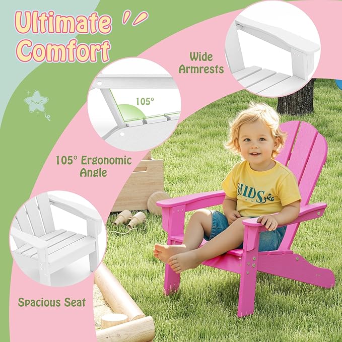 Giantex HDPE Kids Adirondack Chair - All-Weather Lawn Toddler Chair with Ergonomic Design, Children’s Outdoor Chair for Toddlers Ages 3-8, Kid’s Patio Furniture for Deck, Garden (1, Pink)