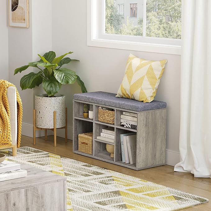 DINZI LVJ Shoe Bench, 9 Cubbies Shoe Organizer for Entryway, Storage Bench with Cushion, Cubby Shoe Rack with Adjustable Shelves for Living Room, Bedroom, Mudroom, Hallway, Greige