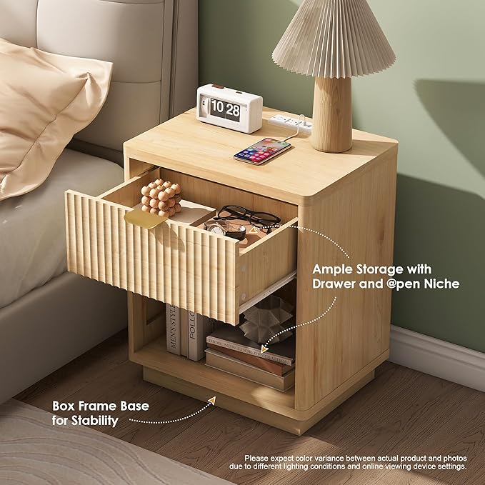 Fluted Nightstand Charging Station,Wood Modern Night Stands Storage Cabinet for Bedroom,Oak Bedside Table with Drawers