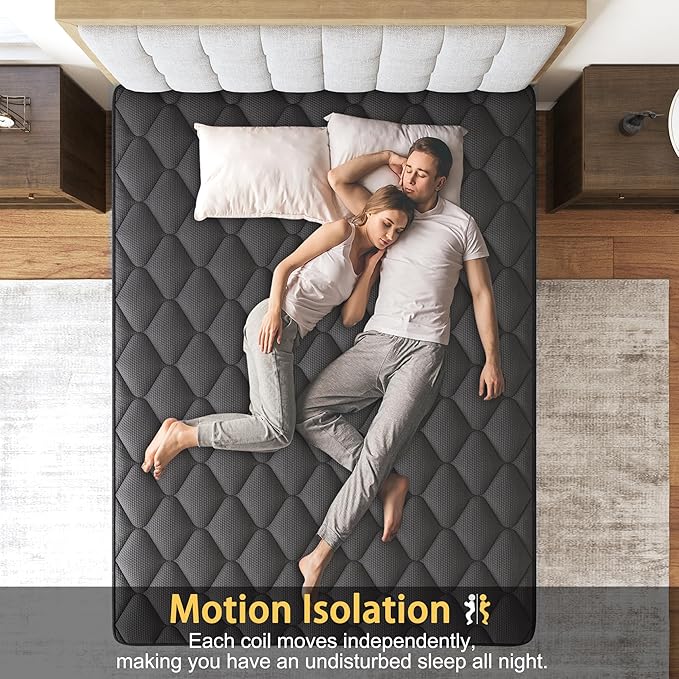 Queen Mattress, 12 Inch Hybrid Mattresses Black, Euro Top Medium Firm for Back & Lumbar Support, 100 Night Trial, Individual Pocket Spring for Motion Isolation & Pressure Relief