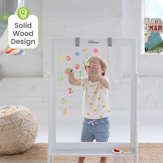 Little Partners Peek-A-Boo Art Toddler Easel, Children's Two-Sided Adjustable Height Clear Acrylic Paint Station for Kids with Built-in Storage, Eraser, Paint Containers (White)
