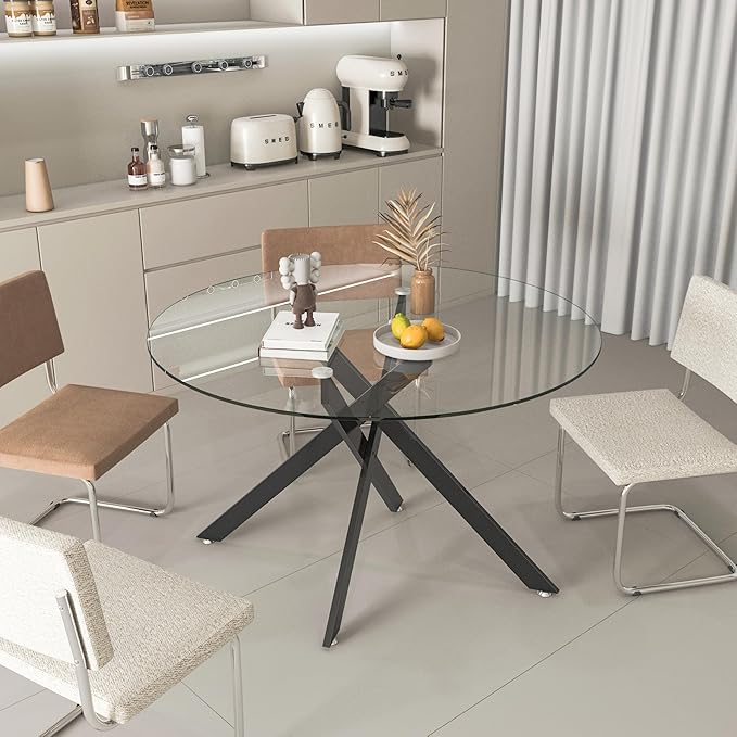 47.24" Round Glass Dining Table Modern Kitchen Glass Top Table for 6 with Black Metal Legs, Clear Dining Table Kitchen Table for Home Office Dining Room