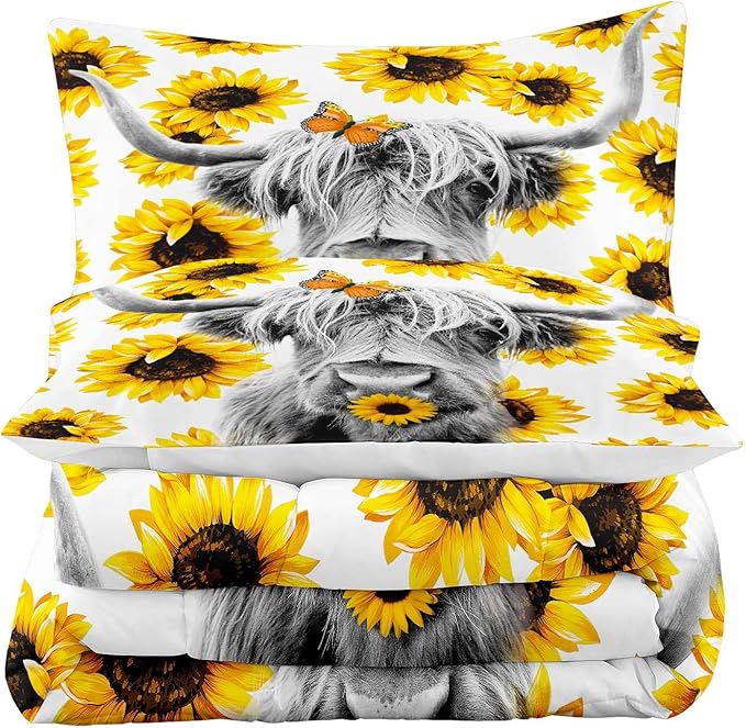 Tailor Shop Highland Cow Bedding Set King Size ，Farmhouse Sunflower Highland Cattle Wild Animal 3D Print Comforter 3 Pcs Sets,with 1 Comforter 2 Pillowcases……