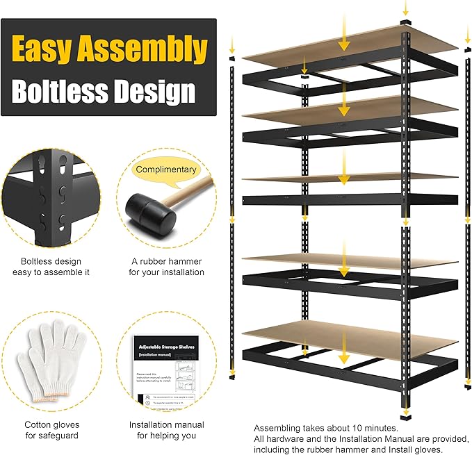 PrimeZone 48" W x 18" D x 72" H Garage Shelving Heavy Duty - Adjustable Metal Storage Shelves, 5 Tier Industrial Shelving Unit, Utility Shelf Rack for Basement, Warehouse, Pantry, Closet, Black, 2Pack