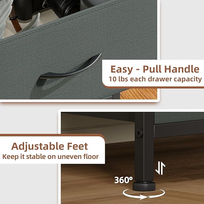Somdot Nightstand with 2 Drawers, Bedside Table Small Dresser with Removable Fabric Bins for Bedroom Nursery Closet Living Room - Sturdy Steel Frame, Wood Top, Pull Handle - Charcoal Grey