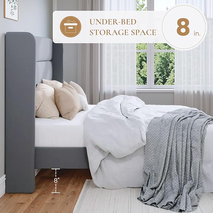 SHA CERLIN Queen Size Velvet Bed Frame/Vertical Channel Tufted Wingback Headboard/Upholstered Platform Bed with Wooden Slats/Mattress Foundation/No Box Spring Needed/Easy Assembly/Grey