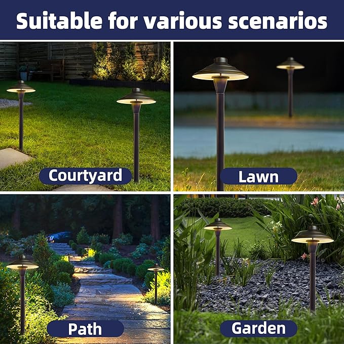 Solid Cast Brass Pathway Lights, 4 Pack 12V Low Voltage Landscape Lighting LED Path Lights with G4 Bulb for Outdoor Walkway, Garden, 23" Tall, 7.5" Shade