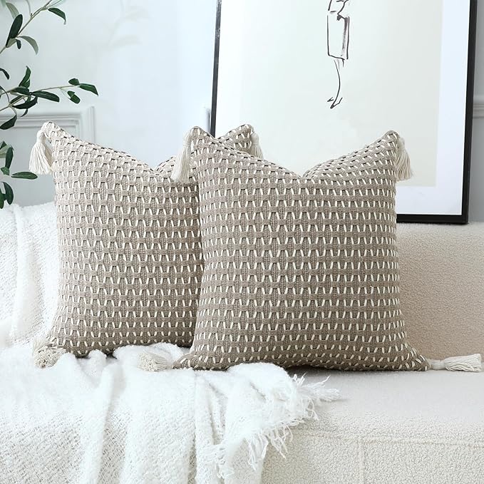 sykting Boho Outdoor Pillow Covers 18x18 Set of 2 Thick Woven Neutral Brown Throw Pillow Covers with Tassels for Couch Sofa Living Room