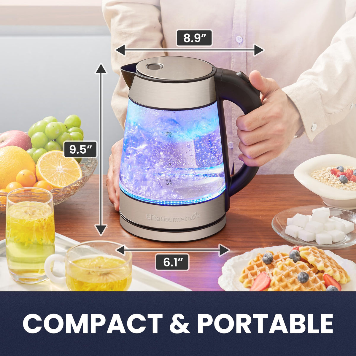 Elite Gourmet 1.7L BPA-Free Glass Electric Kettle, 1500W, Blue LED