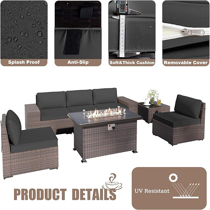Kurapika 7 Pieces Patio Furniture Set, Rattan Wicker Outdoor Conversation Sets w/43in Propane Fire Pit Table and 4 Inch Cushion(Black)