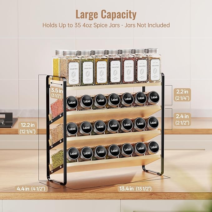 MUDEELA 4 Tier Spice Rack Organizer for Cabinet, Vertical Spice Shelf, Wooden Material, Seasoning Organizer for Countertop, Kitchen, Pantry, Freestanding, 13.4" W × 11.2" H (No Jars Included), Black